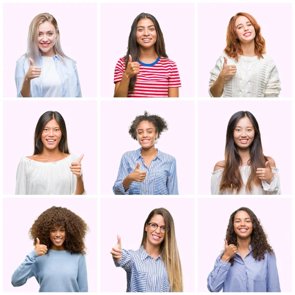 Collage Unga Kvinnor Över Rosa Isolerade Bakgrund Gör Glad Tummen — Stockfoto