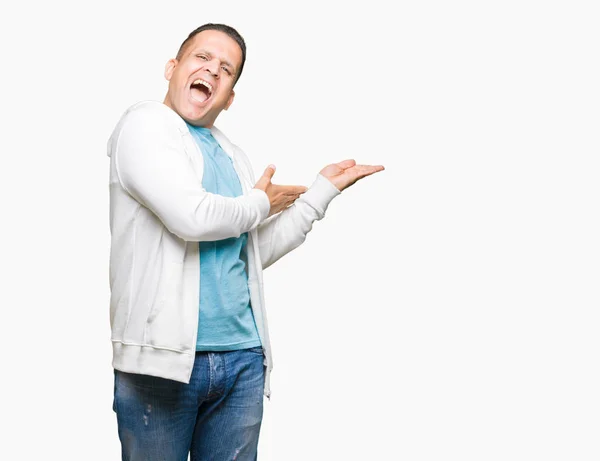 Middle Age Arab Man Wearing Sweatshirt Isolated Background Pointing Side — Stock Photo, Image