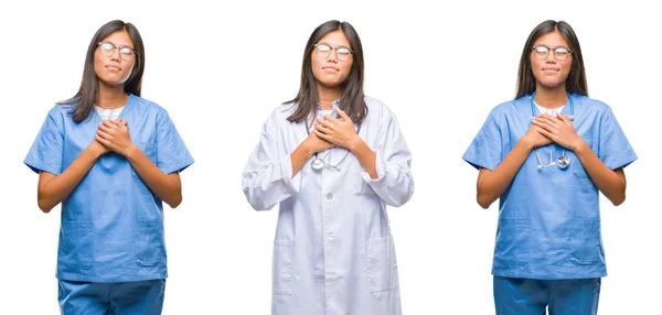 目を閉じて胸に手と感謝のジェスチャーの顔に笑みを浮かべて白い分離背景の上に立ってアジアの若い外科医の医師や看護師女性のコラージュ 健康の概念 — ストック写真