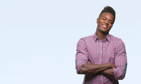Fiatal Afroamerikai Férfi Arcára Elszigetelt Háttér Boldog Mosolyog Néz Kamerába — Stock Fotó