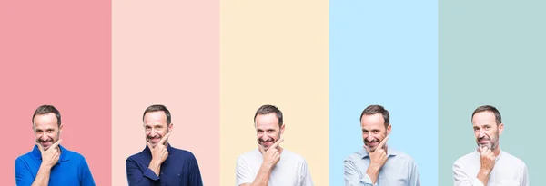 Collage Sénior Beau Homme Sur Fond Isolé Rayures Colorées Regardant — Photo