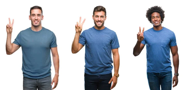 在孤立的背景下 一群西班牙裔和非洲裔美国男子在自信和快乐的同时 用手指第二的手指显示和指着 — 图库照片