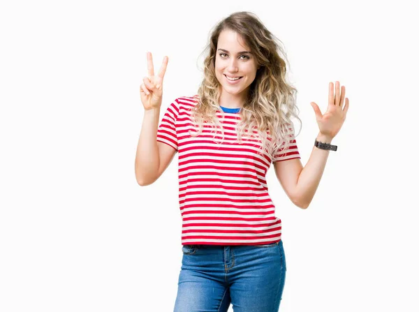 Beautiful Young Blonde Woman Isolated Background Showing Pointing Fingers Number — Stock Photo, Image