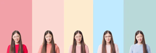 Collage of beautiful asian woman over colorful stripes isolated background with a happy and cool smile on face. Lucky person.