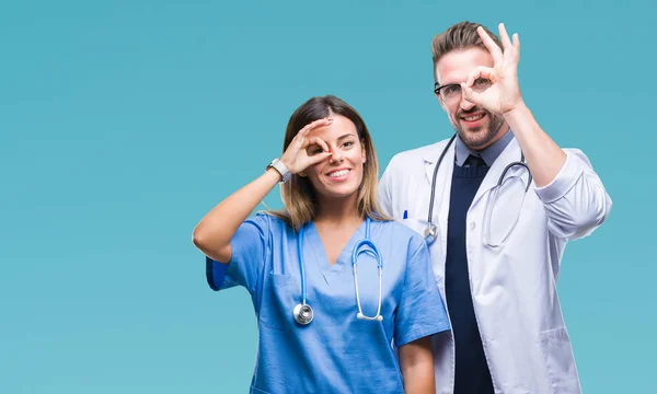 Young Couple Doctor Surgeon Isolated Background Doing Gesture Hand Smiling — Stock Photo, Image