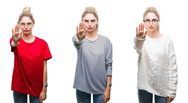 Collage Unga Vackra Blonda Kvinnan Över Isolerade Bakgrund Gör Sluta — Stockfoto