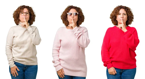 唇に指で静かにするように求めている白い分離背景に冬のセーターを着て中年年配の女性のコラージュ 沈黙と秘密の概念 — ストック写真