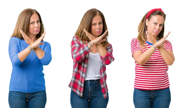 Collage Hermosa Mujer Mediana Edad Sobre Fondo Aislado Expresión Rechazo — Foto de Stock