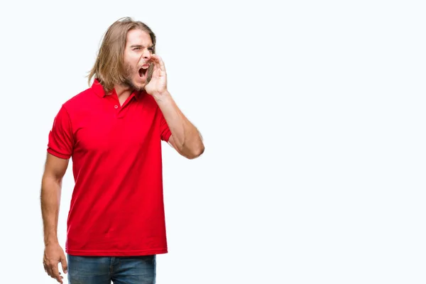 Young Handsome Man Long Hair Isolated Background Shouting Screaming Loud — Stock Photo, Image