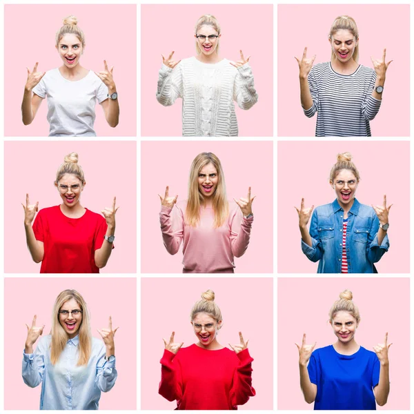 Collage Joven Hermosa Mujer Rubia Sobre Rosa Fondo Aislado Gritando —  Fotos de Stock