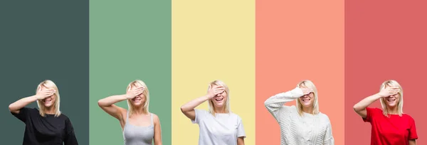 Collage Von Schönen Blonden Frau Über Vintage Isoliert Hintergrund Lächelnd — Stockfoto