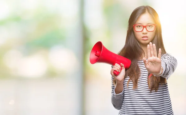 Young Asian Woman Holding Megaphone Isolated Background Open Hand Doing — Stock Photo, Image