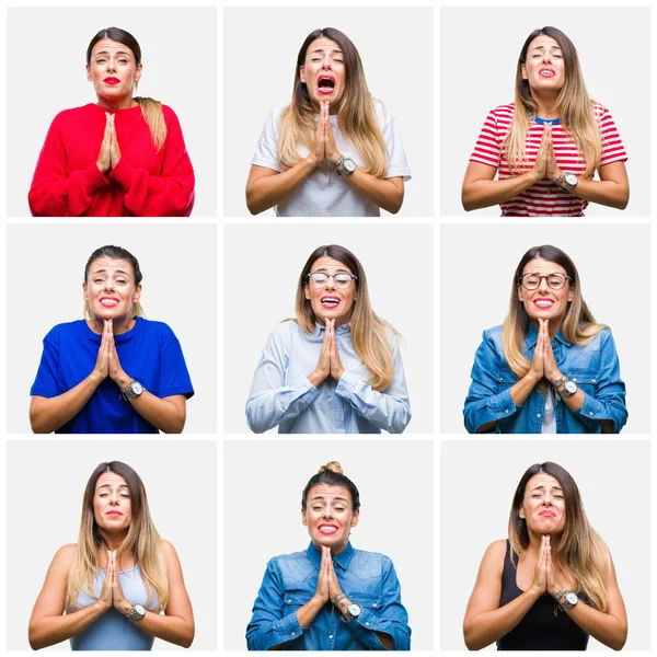 Collage Joven Hermosa Mujer Sobre Fondo Aislado Mendigando Orando Con — Foto de Stock