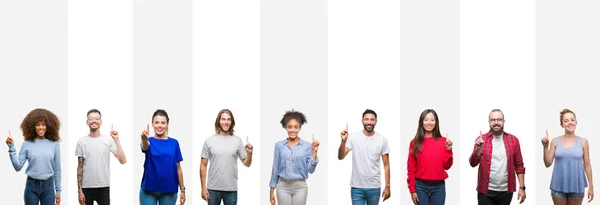 Collage Diferentes Etnias Jóvenes Sobre Rayas Blancas Fondo Aislado Mostrando — Foto de Stock