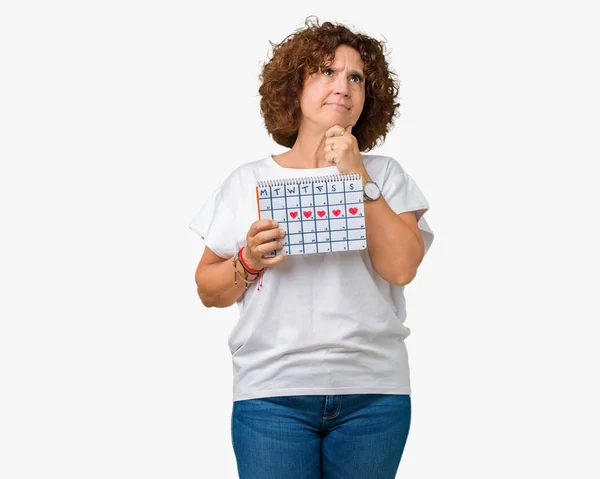 Mujer Mayor Mediana Edad Con Calendario Menstruación Sobre Fondo Aislado — Foto de Stock