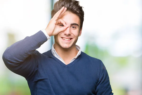 Jonge Knappe Zakenman Geïsoleerde Achtergrond Doen Gebaar Met Hand Glimlachen — Stockfoto