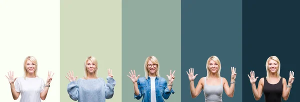 Collage Vacker Blond Kvinna Över Grön Vintage Isolerade Bakgrund Visar — Stockfoto