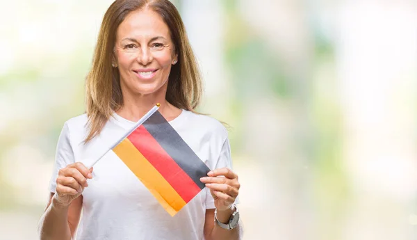 Латиноамериканка Средних Лет Держит Флаг Германии Изолированном Фоне Счастливым Лицом — стоковое фото