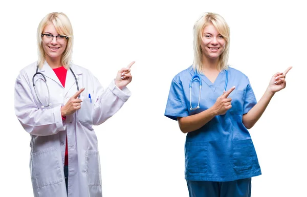 Collage Médecin Infirmière Femme Sur Fond Blanc Isolé Souriant Regardant — Photo