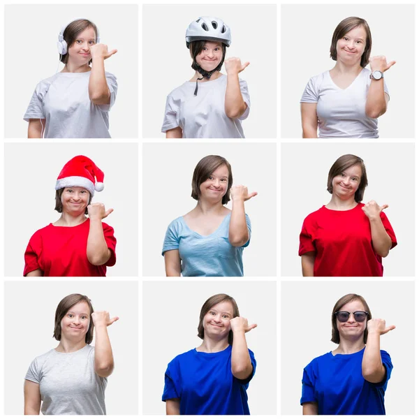 Collage of young woman with down syndrome over isolated background smiling with happy face looking and pointing to the side with thumb up.