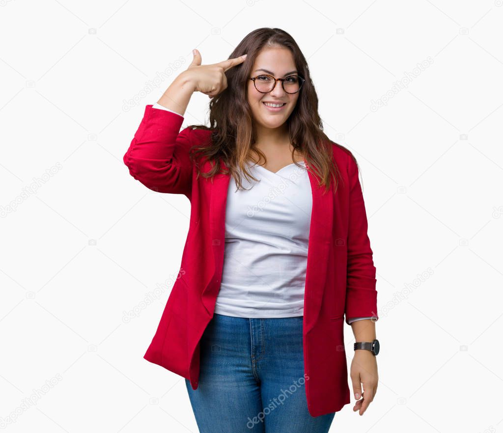 Beautiful plus size young business woman wearing elegant jacket and glasses over isolated background Smiling pointing to head with one finger, great idea or thought, good memory