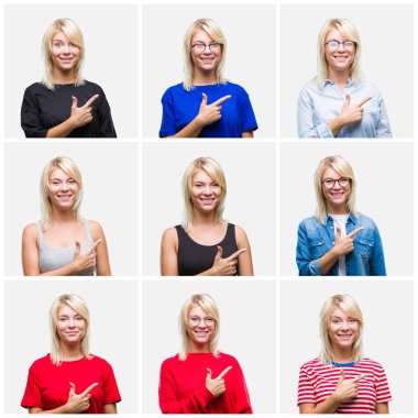 Kolaj izole arka neşeli bir gülümseme ile yüz el ve parmak kadar mutlu ve doğal ifade kameraya bakarak yüzünde yanında işaret içinde değişik rahat görünüyor giyen güzel sarışın kadın.