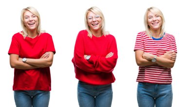 Kameraya bakarak çapraz silah ile gülümseyen izole arka plan mutlu yüzüne rahat kırmızı giyen güzel sarışın kadın kolaj. Olumlu bir kişi.