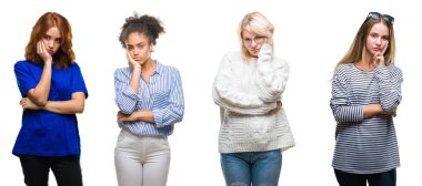 Kolaj izole arka plan düşünme seyir yorgun ve bıkkın ile depresyon sorunları karşılıklı silah olan güzel casual kadın grup.