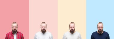 Kolaj üzerinde renkli sakallı genç adamın sorunu nedeniyle izole arka plan şüpheci ve sinir, papatyanın üzgün çizgili. Negatif kişi.