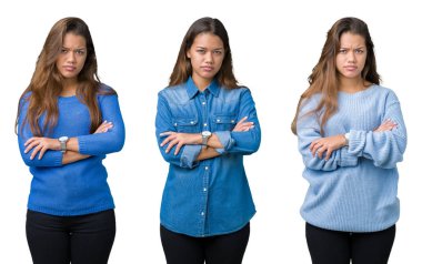 Kolaj izole arka plan şüpheci ve sinir, onaylamayan ifade yüz çapraz kolları olan güzel ve genç birbayan. Negatif kişi.