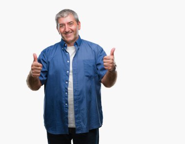 El ile pozitif jest yapıyor izole arka plan başarı işareti üzerinde üst düzey yakışıklı başparmak gülümseyen ve mutlu. Neşeli bir ifadeyle, kazanan jest kameraya bakıyor.