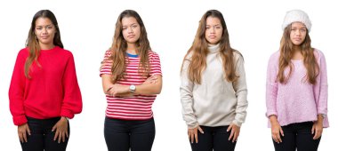 Güzel genç kadın yüzünden izole arka plan gevşek yüzünde ciddi bir ifade ile kolaj. Basit ve doğal kameraya bakıyor.