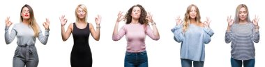 Kolaj izole arka plan üzerinde genç güzel kadınların rahatla ve gülümseyen gözlerle kapalı parmak jestle meditasyon yapıyor. Yoga kavramı.