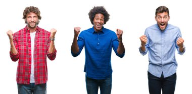 Grup izole arka plan kutlama üzerinde Afro-Amerikan ve İspanyol adam kolaj şaşırdım ve başarı için kaldırdı kollarını açarak hayrete ve gözleri açık. Kazanan kavramı.