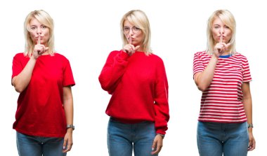 Dudaklarında parmak ile sessiz olmanı izole arka plan üzerinde rahat kırmızı giyen güzel sarışın kadın kolaj. Sessizlik ve gizli kavramı.