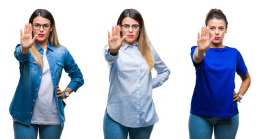 Kolaj stop yapıyor izole arka plan üzerinde gözlüklü genç güzel kadın bir avuç ile şarkı. Negatif ve ciddi bir jest yüz ifadesiyle uyarı.