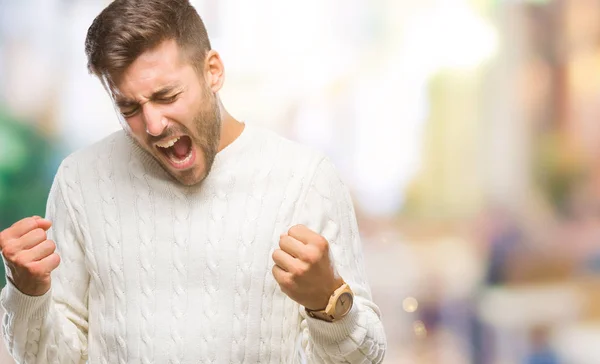 Giovane Bell Uomo Indossa Maglione Invernale Sfondo Isolato Molto Felice — Foto Stock