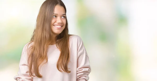 Jonge Mooie Brunette Vrouw Roze Trui Dragen Geïsoleerde Achtergrond Zoek — Stockfoto