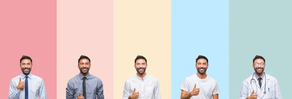 Collage Van Knappe Man Geïsoleerde Achtergrond Kleurrijke Strepen Gelukkig Duimschroef — Stockfoto