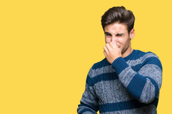 Young Handsome Man Isolated Background Smelling Something Stinky Disgusting Intolerable — Stock Photo, Image