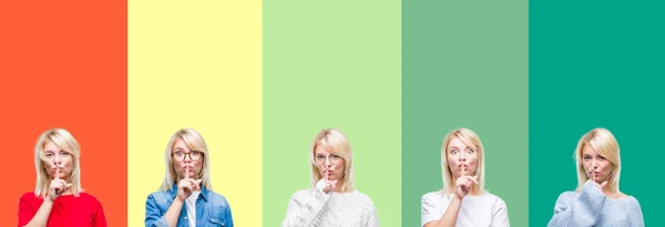 Collage Van Mooie Blonde Vrouw Levendige Vintage Geïsoleerde Achtergrond Vragen — Stockfoto