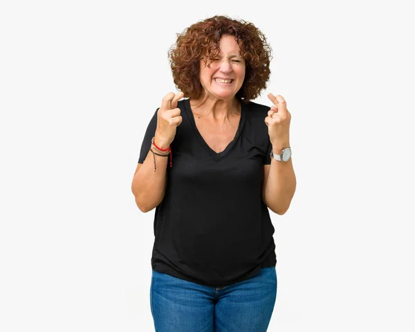 Beautiful Middle Ager Senior Woman Isolated Background Smiling Crossing Fingers — Stock Photo, Image