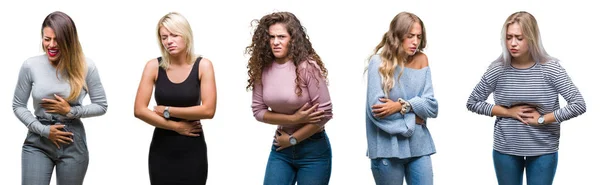 Collage Van Jonge Mooie Vrouwen Geïsoleerde Achtergrond Met Hand Maag — Stockfoto