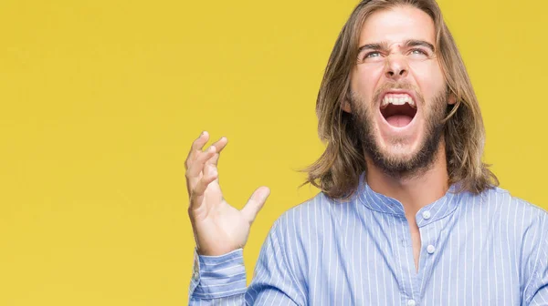 Young Handsome Man Long Hair Isolated Background Crazy Mad Shouting — Stock Photo, Image