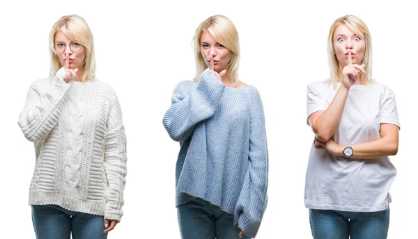 Collage Einer Schönen Blonden Frau Winterpullover Vor Isoliertem Hintergrund Die — Stockfoto