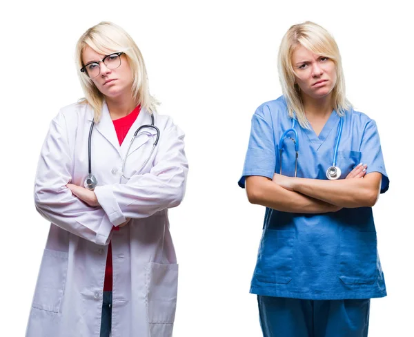 Collage Läkare Och Sjuksköterska Kvinna Över Vit Isolerade Bakgrund Skeptiker — Stockfoto