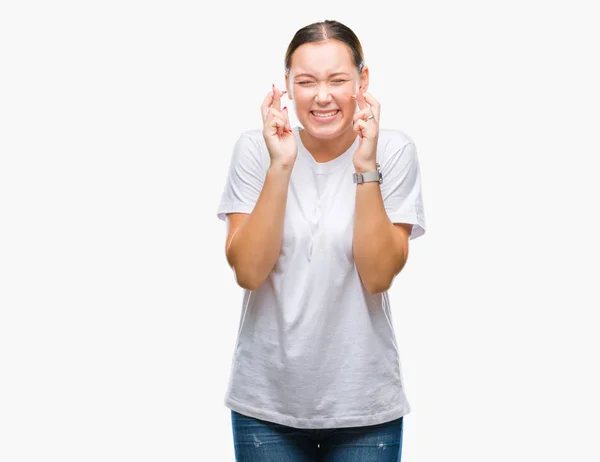 Joven Hermosa Mujer Caucásica Sobre Fondo Aislado Sonriendo Cruzando Los — Foto de Stock