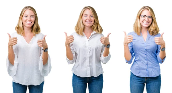 Collage Der Schönen Blonden Geschäftsfrau Über Weißem Isoliertem Hintergrund Erfolgszeichen — Stockfoto