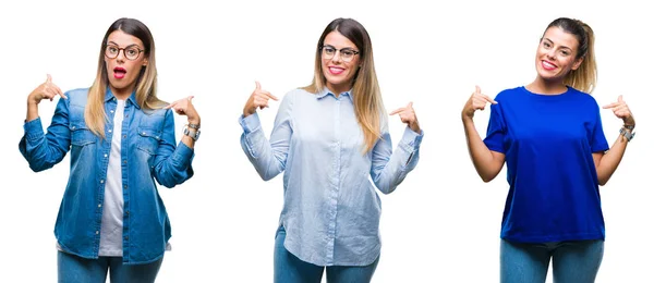 Colagem Jovem Mulher Bonita Vestindo Óculos Sobre Fundo Isolado Olhando — Fotografia de Stock