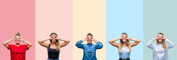 Colagem Jovem Mulher Bonita Sobre Listras Coloridas Fundo Isolado Fazendo — Fotografia de Stock